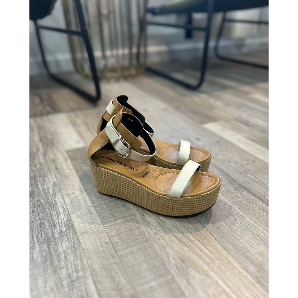 Barbara Bui Paris Women's Leather Wedge Sandals Size 39/9 Tan White Platform